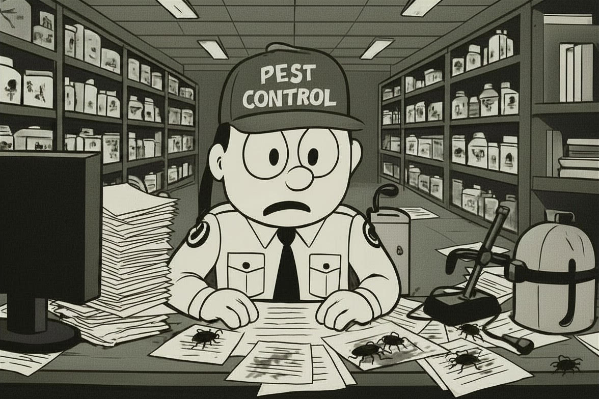 Illustration of a pest control operator navigating regulatory requirements