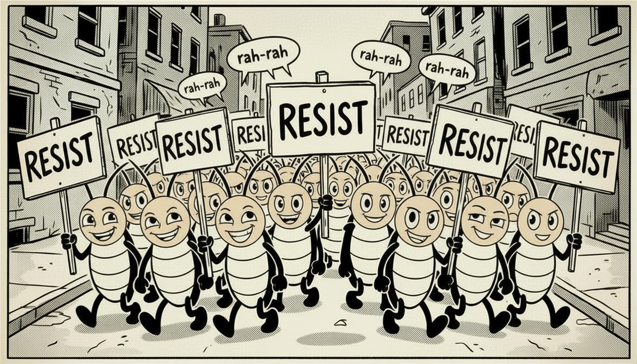 Illustration showing how insecticide resistance spreads through a cockroach population over generations